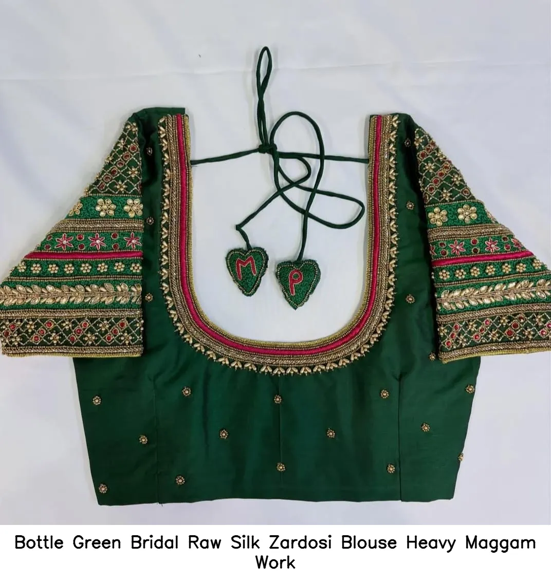 Bottle Green Bridal Raw Silk Zardosi Blouse – Heavy Maggam Work