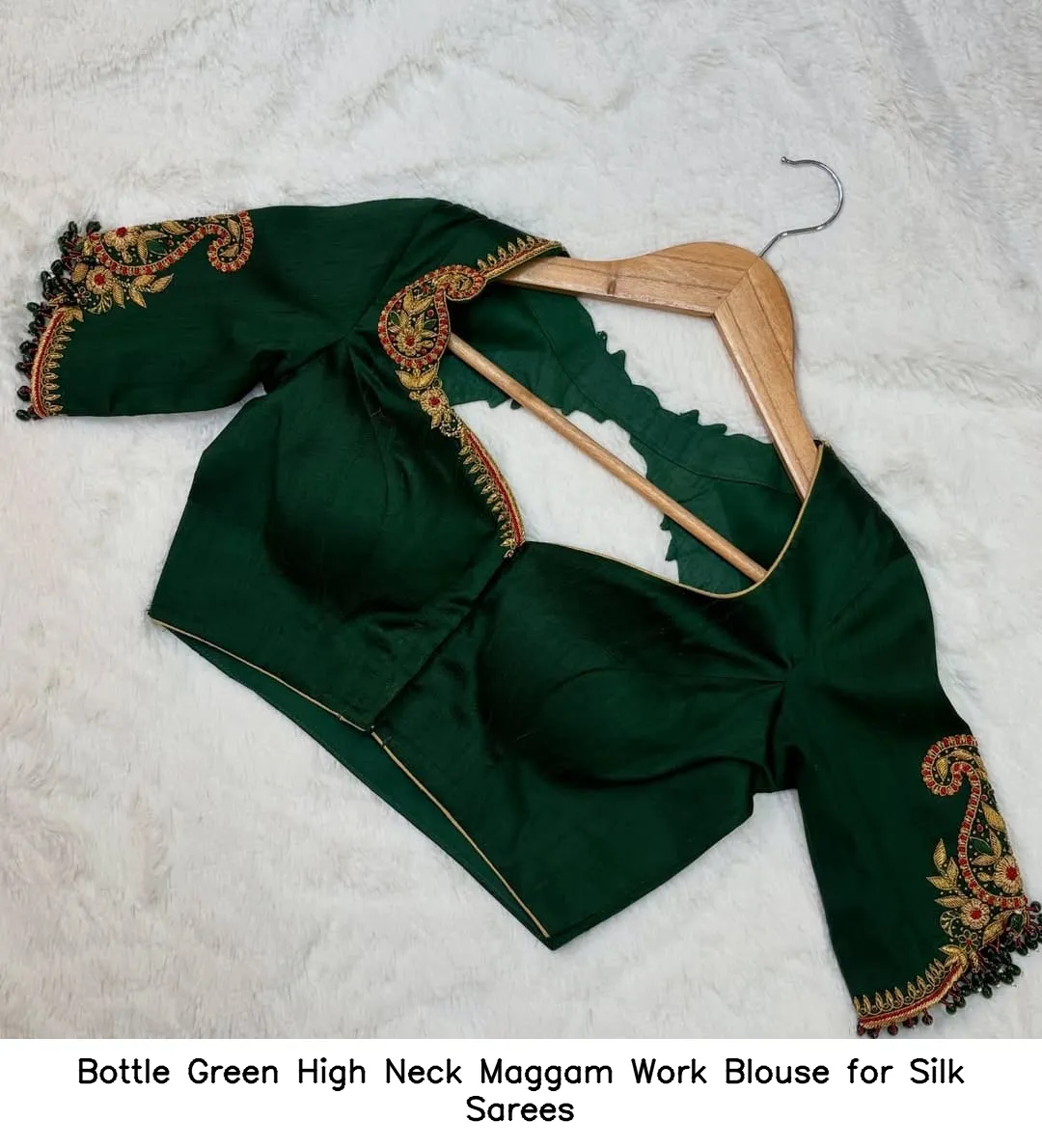 Bottle Green High Neck Maggam Work Blouse for Silk Sarees