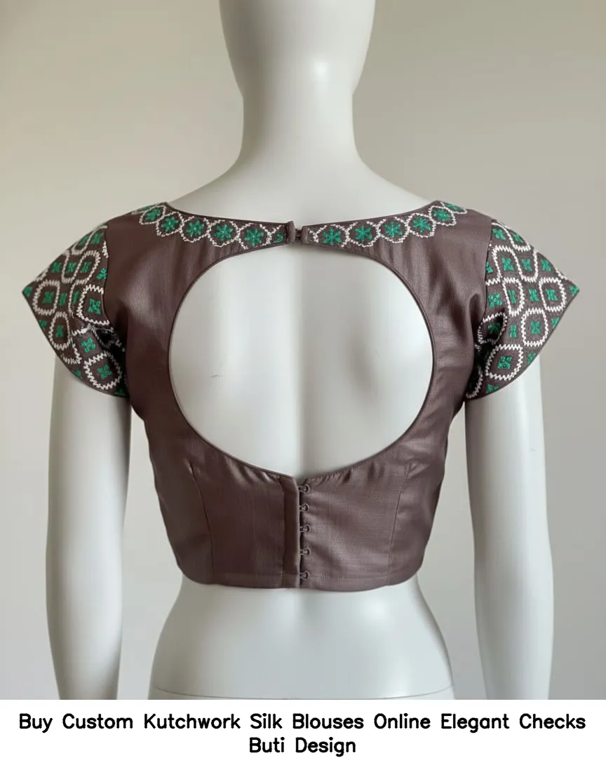 Buy Custom Kutchwork Silk Blouses Online – Elegant Checks Buti Design