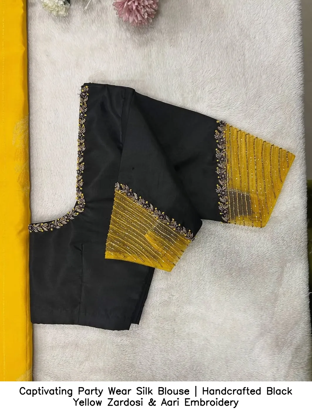 Captivating Party Wear Silk Blouse | Handcrafted Black Yellow Zardosi & Aari Embroidery