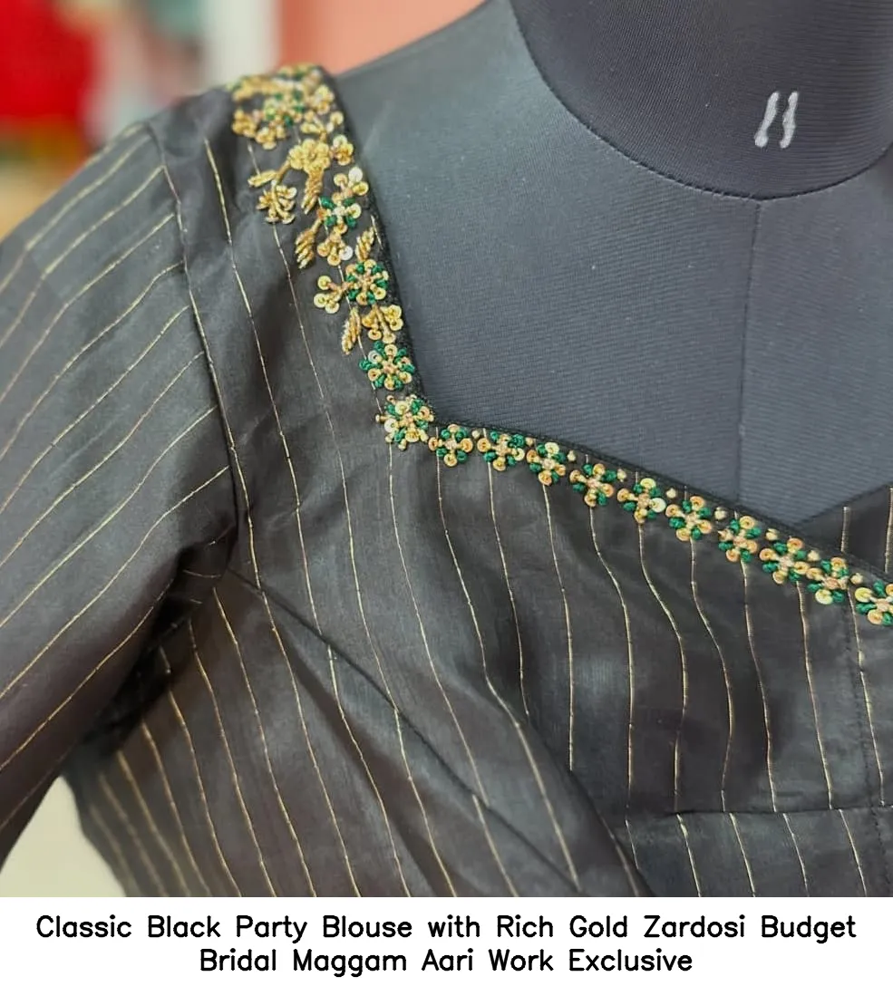 Classic Black Party Blouse with Rich Gold Zardosi – Budget Bridal Maggam Aari Work Exclusive