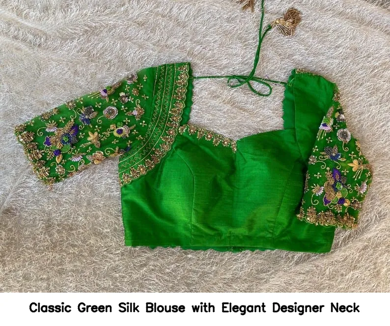 Classic Green Silk Blouse with Elegant Designer Neck