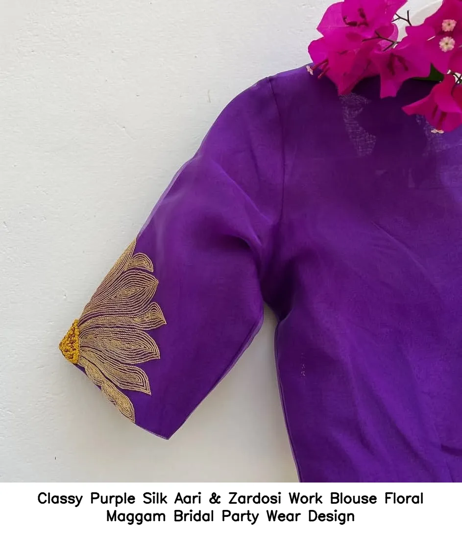 Classy Purple Silk Aari & Zardosi Work Blouse – Floral Maggam Bridal Party Wear Design