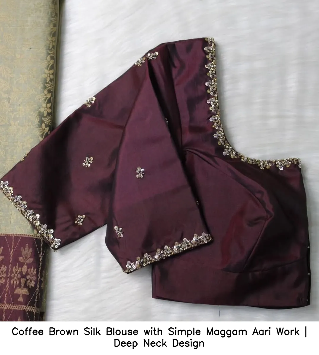 Coffee Brown Silk Blouse with Simple Maggam Aari Work | Deep Neck Design