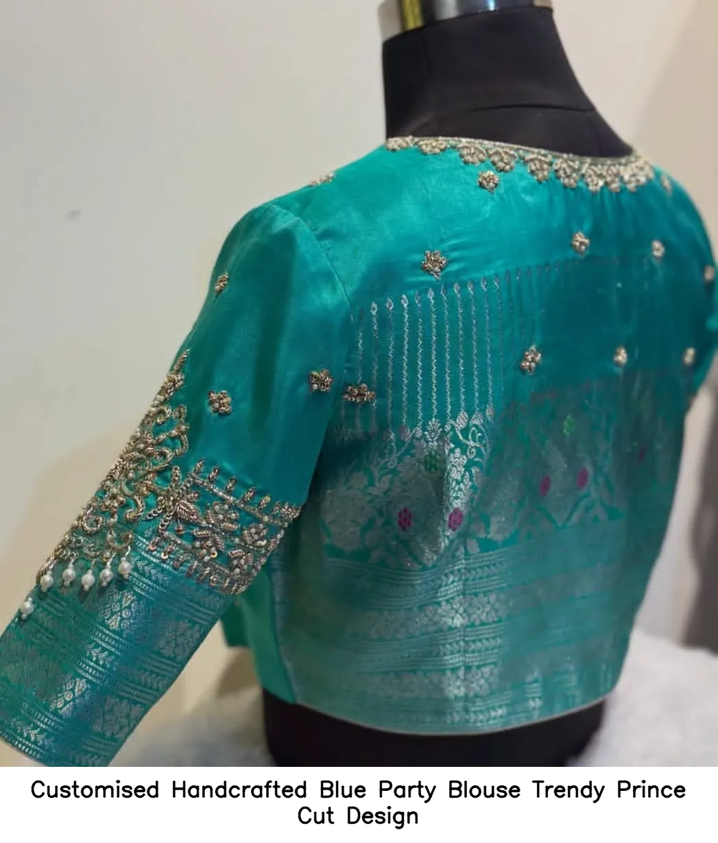 Customised Handcrafted Blue Party Blouse – Trendy Prince Cut Design