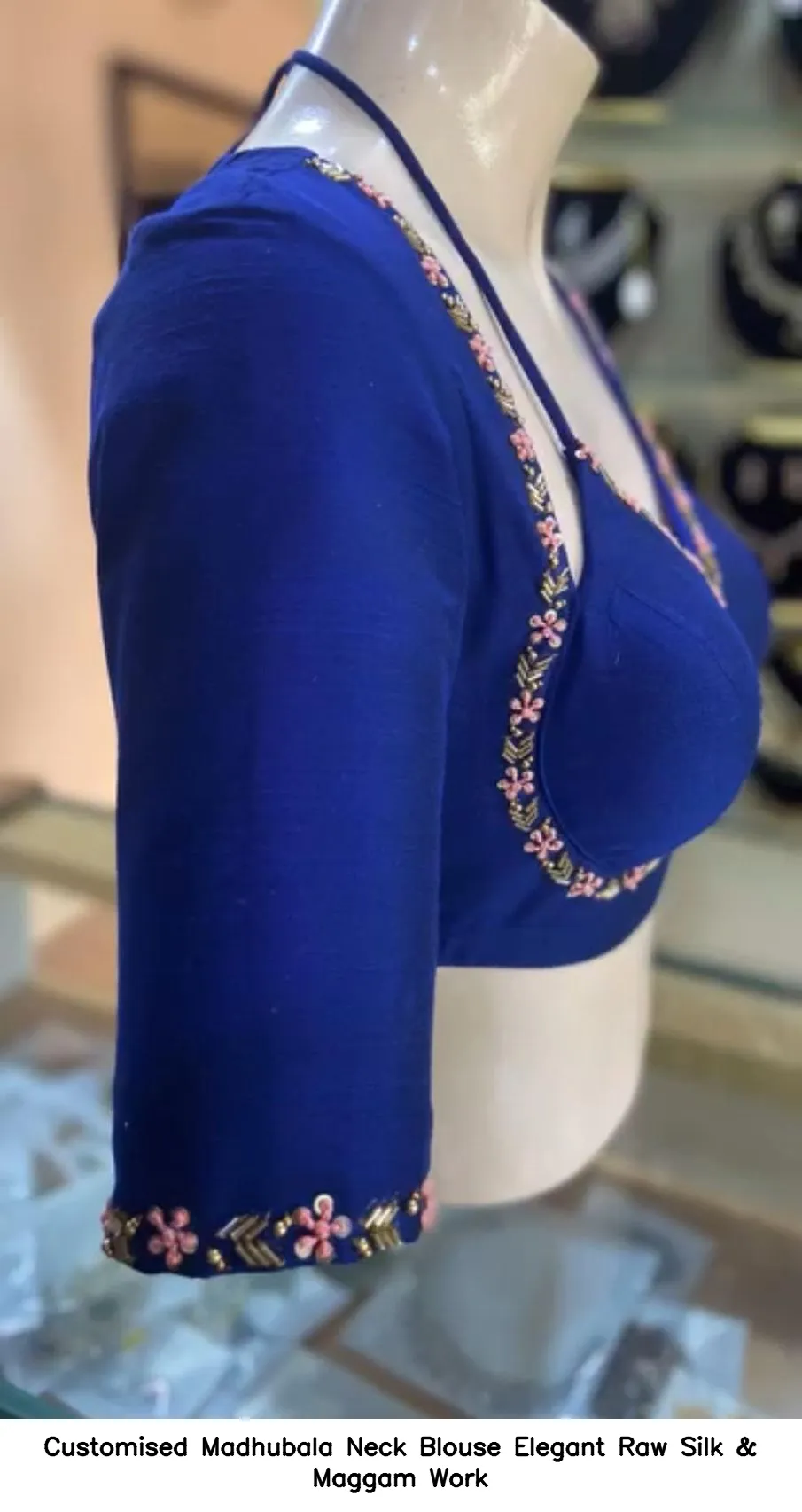 Customised Madhubala Neck Blouse – Elegant Raw Silk & Maggam Work