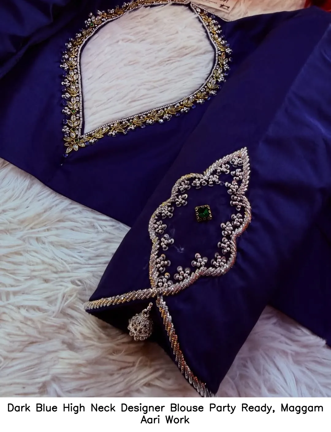 Dark Blue High Neck Designer Blouse – Party Ready, Maggam Aari Work