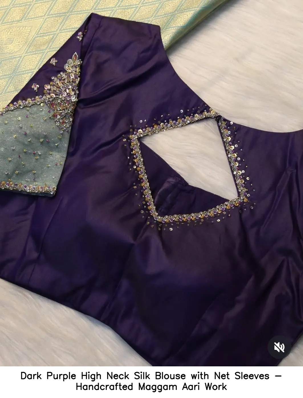 Dark Purple High Neck Silk Blouse with Net Sleeves - Handcrafted Maggam Aari Work