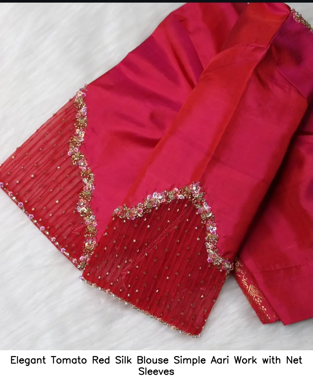 Elegant Tomato Red Silk Blouse Simple Aari Work with Net Sleeves