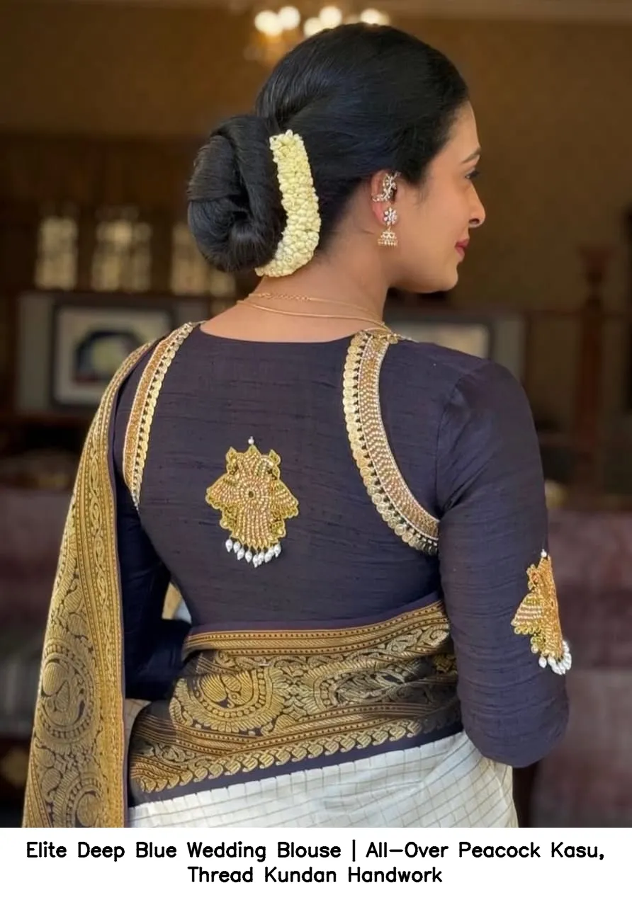 Elite Deep Blue Wedding Blouse | All-Over Peacock Kasu, Thread  Kundan Handwork