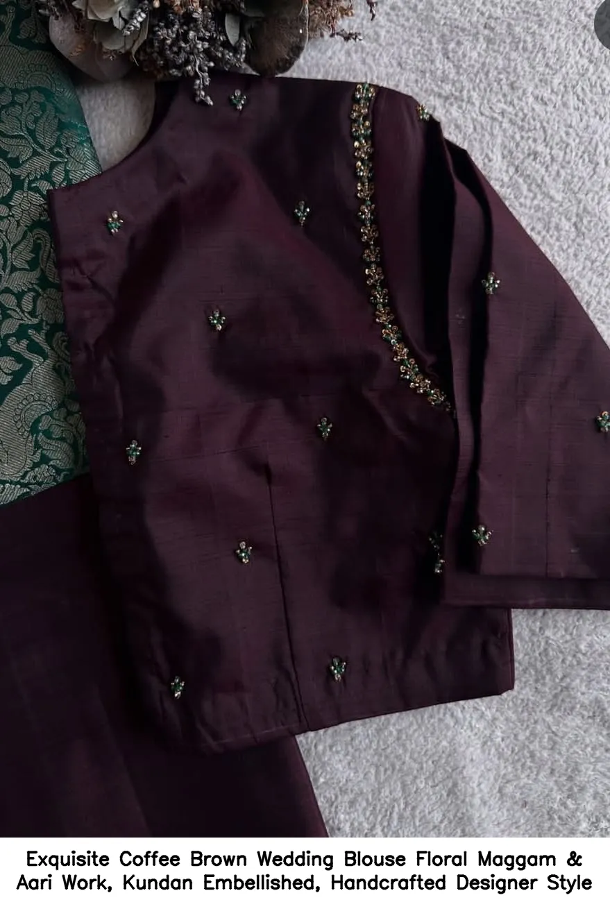 Exquisite Coffee Brown Wedding Blouse – Floral Maggam & Aari Work, Kundan Embellished, Handcrafted Designer Style - Image 2