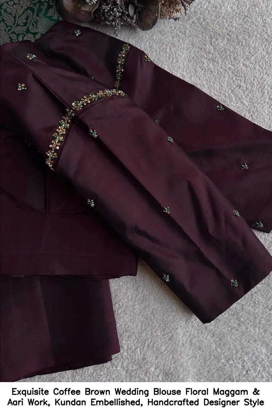 Exquisite Coffee Brown Wedding Blouse – Floral Maggam & Aari Work, Kundan Embellished, Handcrafted Designer Style - Image 3