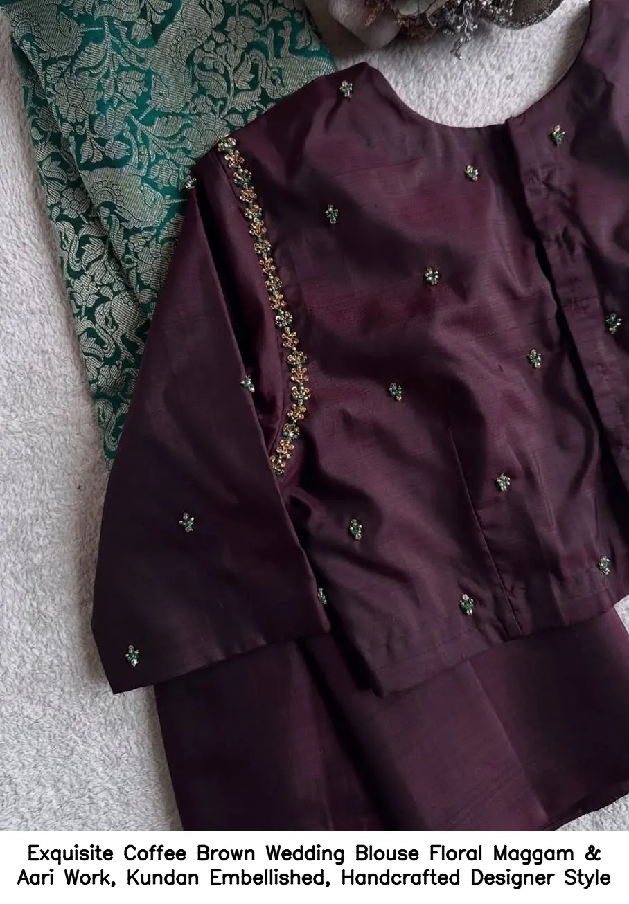 Exquisite Coffee Brown Wedding Blouse – Floral Maggam & Aari Work, Kundan Embellished, Handcrafted Designer Style - Image 4