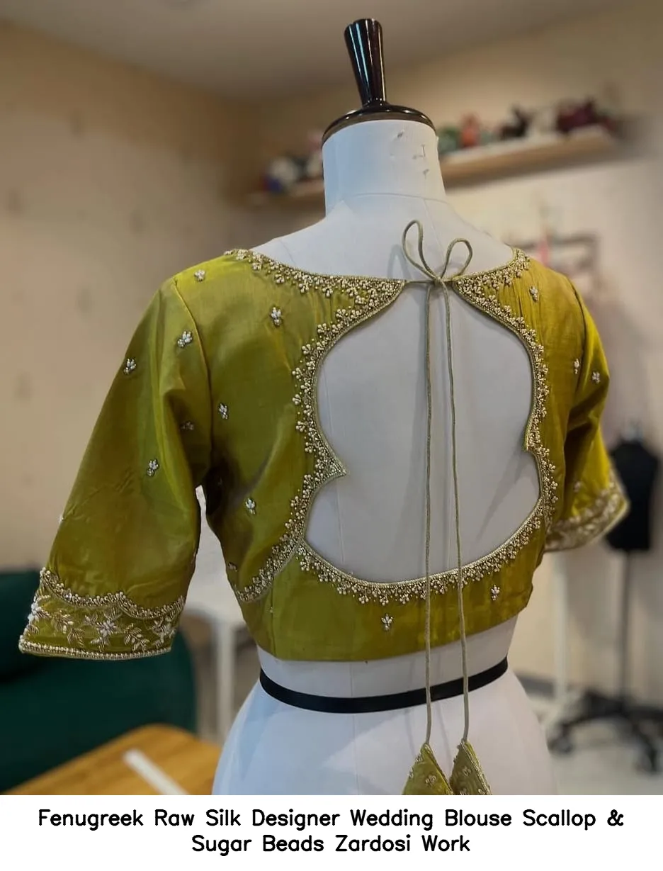Fenugreek Raw Silk Designer Wedding Blouse – Scallop & Sugar Beads Zardosi Work