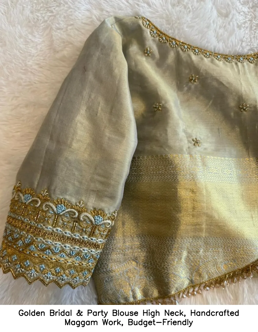 Golden Bridal & Party Blouse –  High Neck, Handcrafted Maggam Work, Budget-Friendly