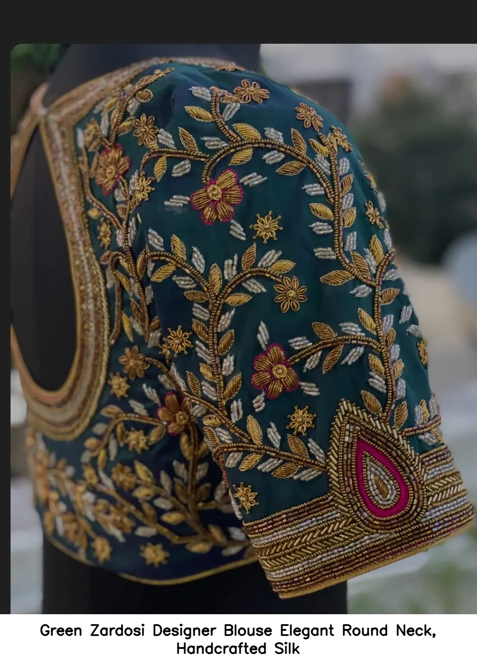 Green Zardosi Designer Blouse – Elegant Round Neck, Handcrafted Silk