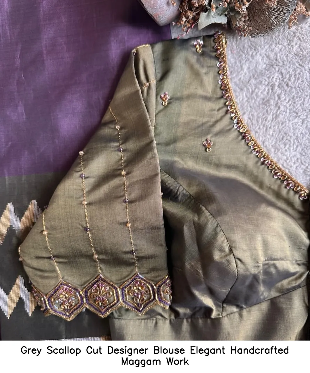 Grey Scallop Cut Designer Blouse – Elegant Handcrafted Maggam Work | KS ...