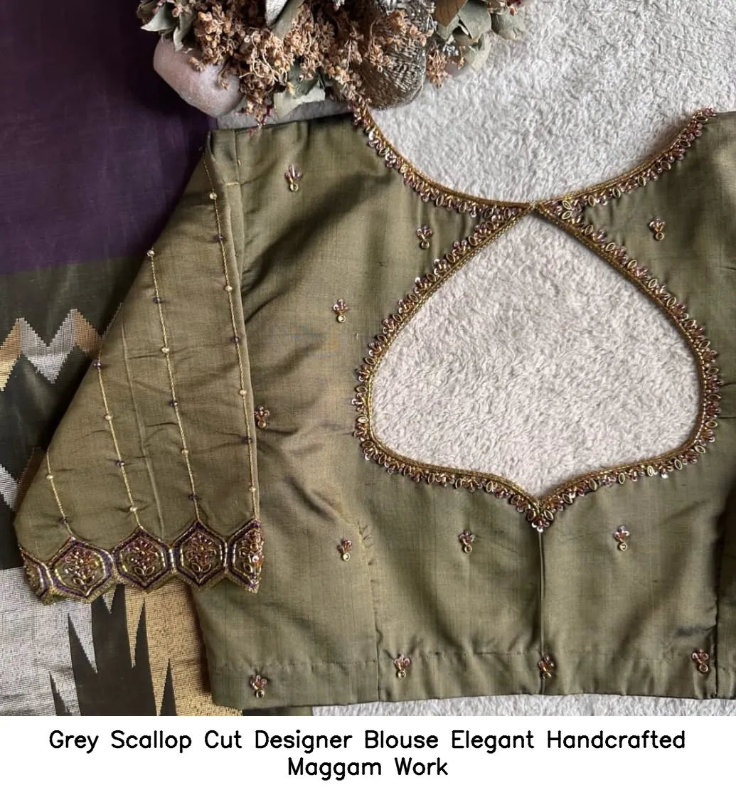 Grey Scallop Cut Designer Blouse – Elegant Handcrafted Maggam Work