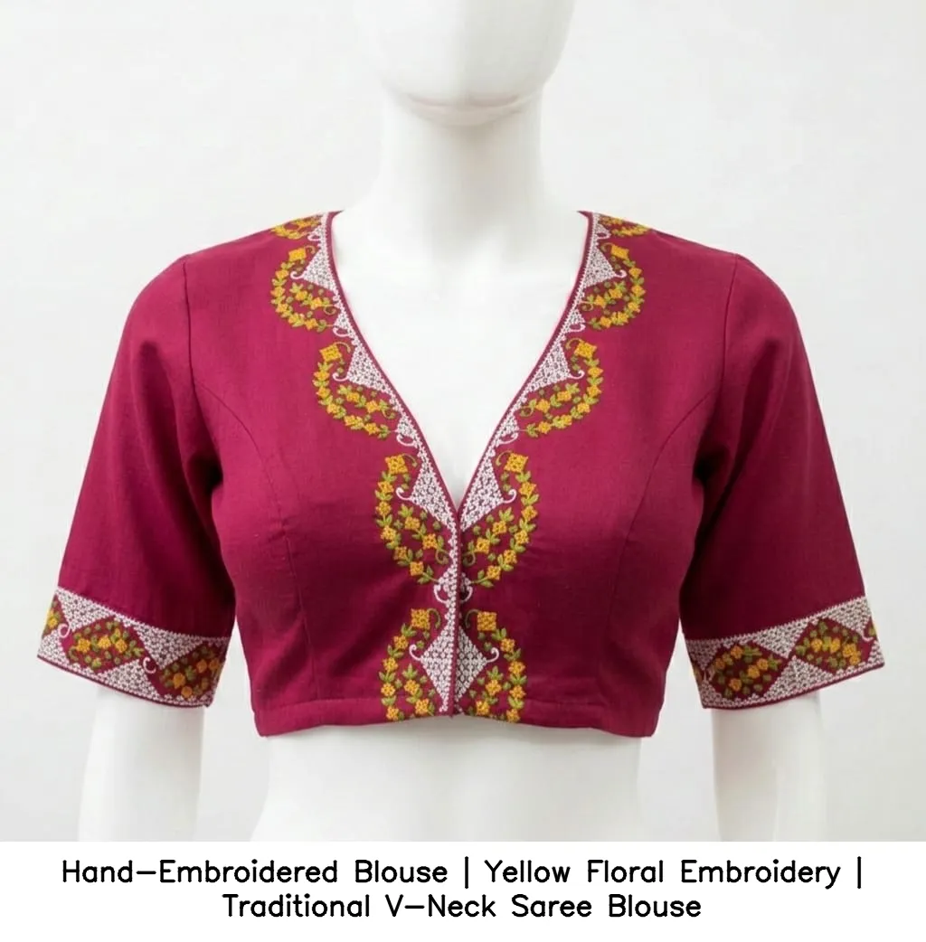Hand-Embroidered Blouse | Yellow Floral Embroidery | Traditional V-Neck Saree Blouse - Image 2