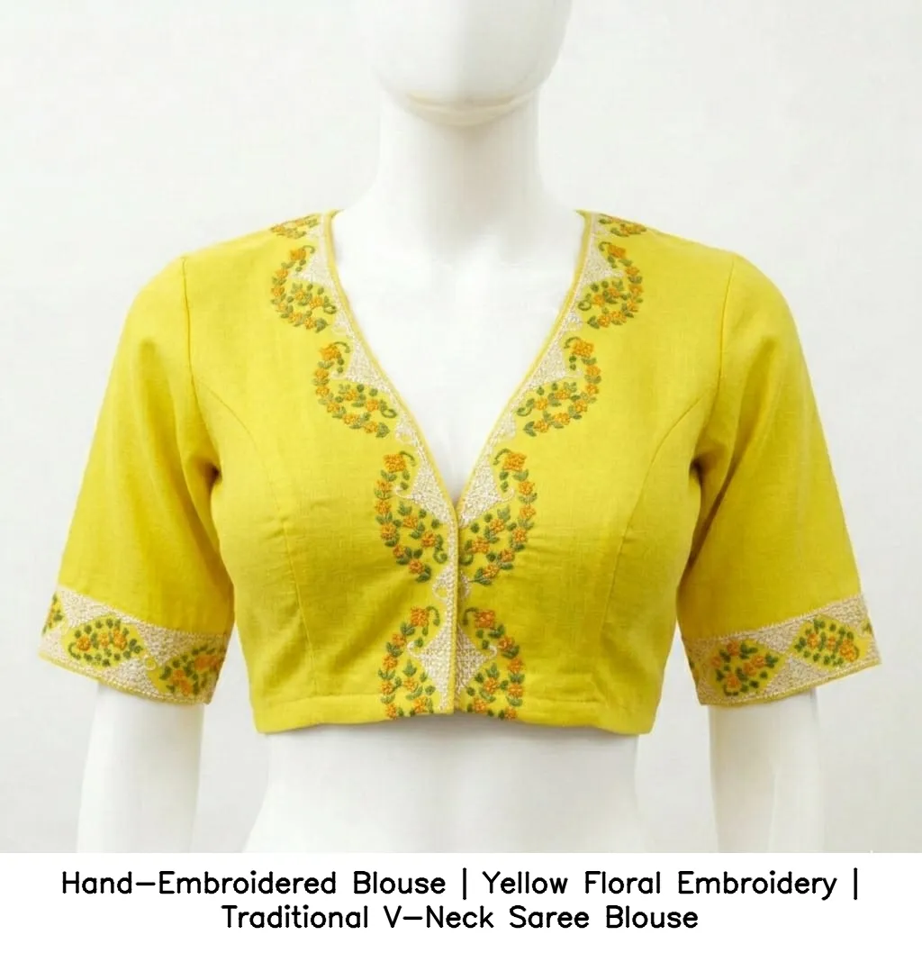 Hand-Embroidered Blouse | Yellow Floral Embroidery | Traditional V-Neck Saree Blouse - Image 3