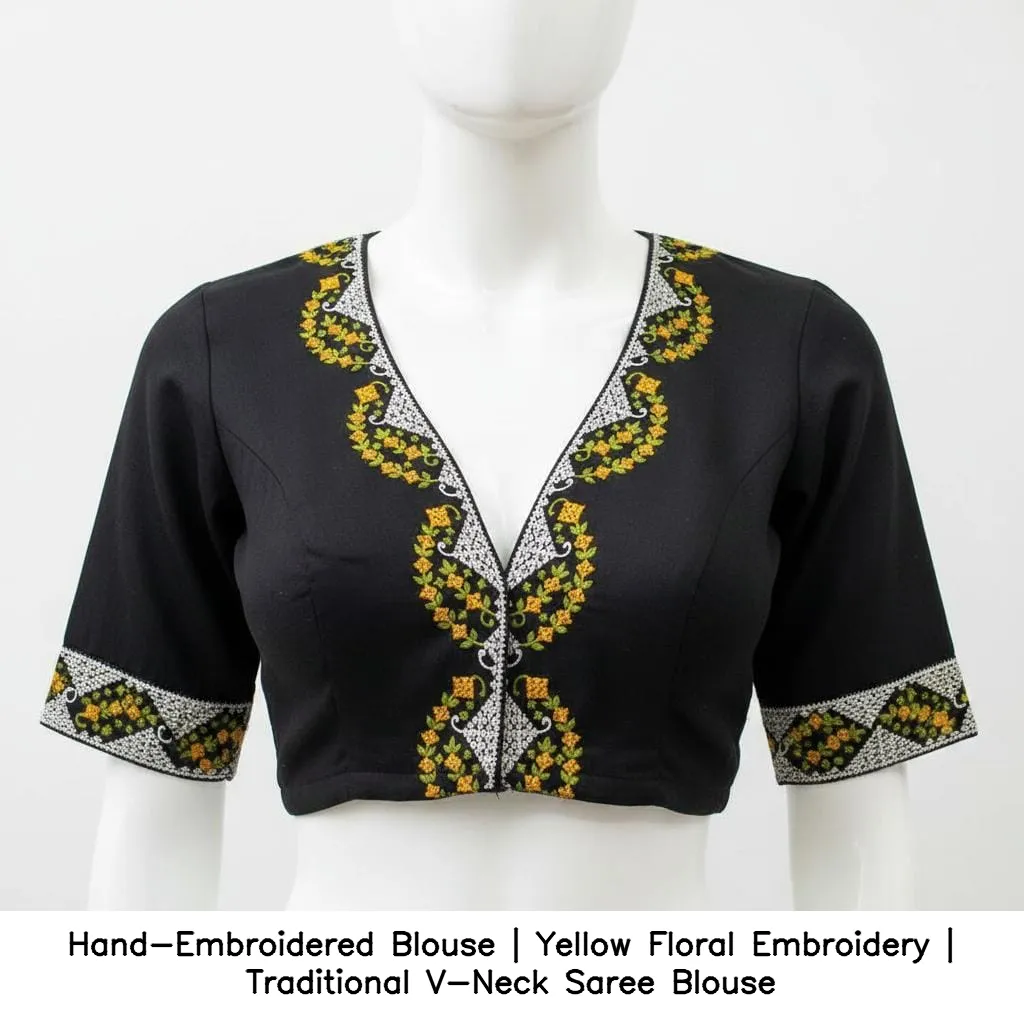 Hand-Embroidered Blouse | Yellow Floral Embroidery | Traditional V-Neck Saree Blouse - Image 4