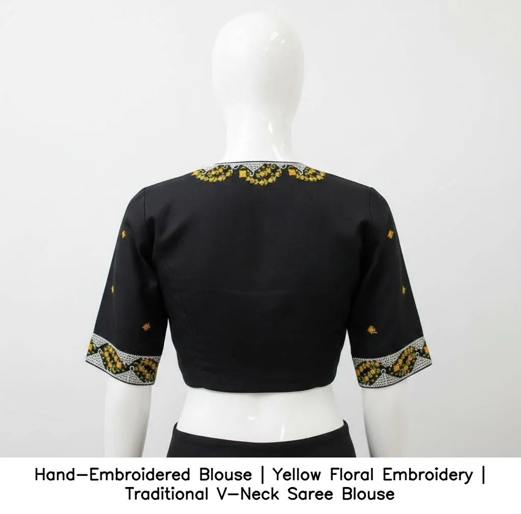 Hand-Embroidered Blouse | Yellow Floral Embroidery | Traditional V-Neck Saree Blouse - Image 5