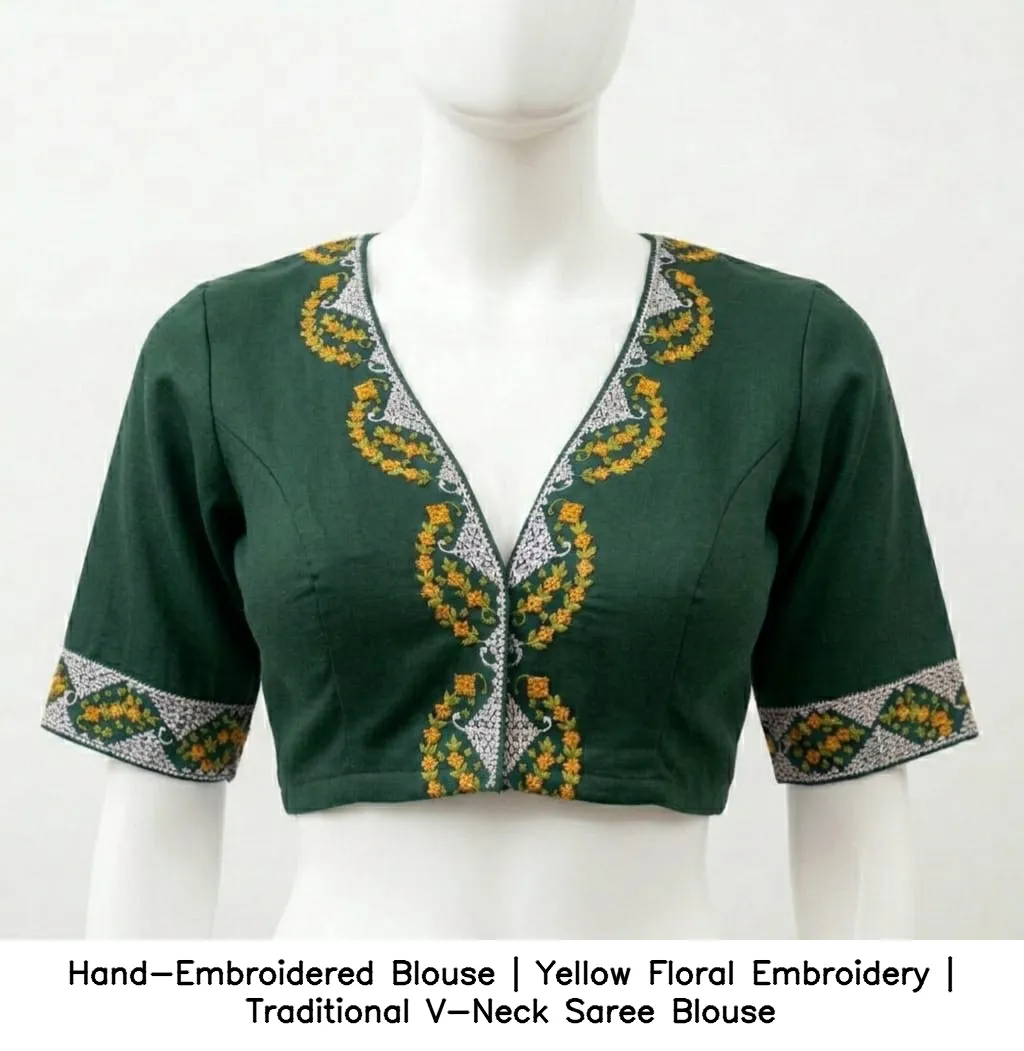 Hand-Embroidered Blouse | Yellow Floral Embroidery | Traditional V-Neck Saree Blouse - Image 6
