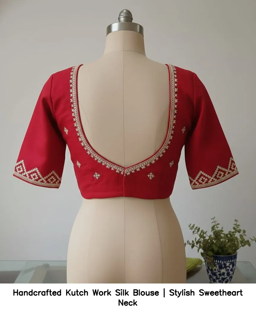 Handcrafted Kutch Work Silk Blouse | Stylish Sweetheart Neck