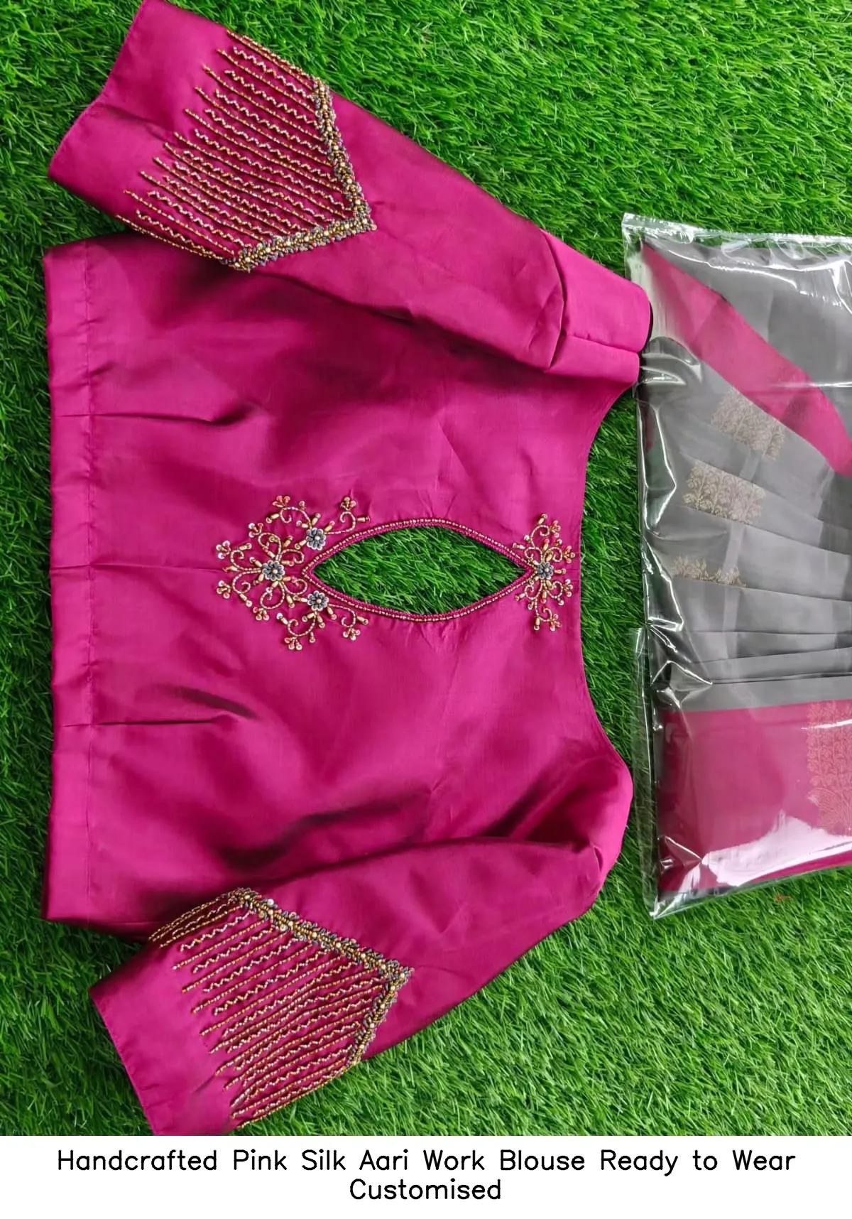 Handcrafted Pink Silk Aari Work Blouse – Ready to Wear  Customised