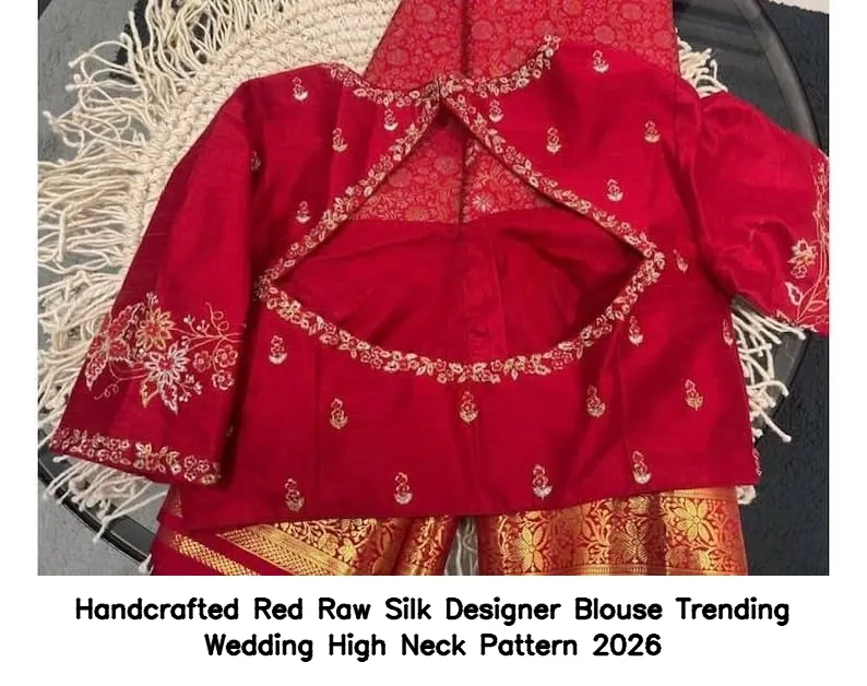 Handcrafted Red Raw Silk Designer Blouse – Trending Wedding High Neck Pattern 2026