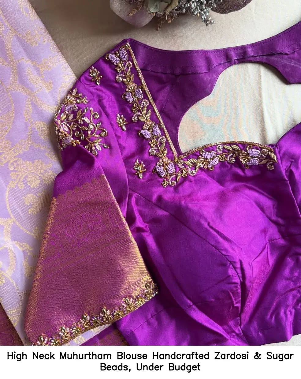 High Neck Muhurtham Blouse – Handcrafted Zardosi & Sugar Beads, Under Budget