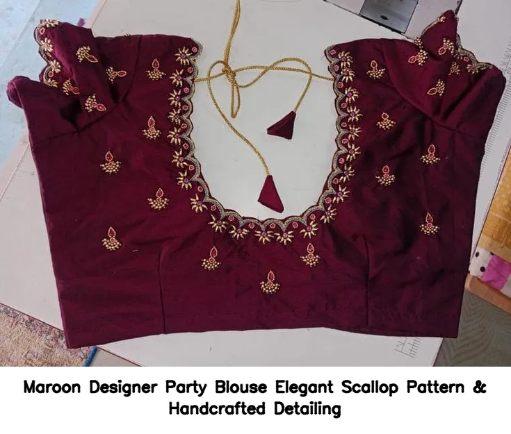 Maroon Designer Party Blouse – Elegant Scallop Pattern & Handcrafted Detailing