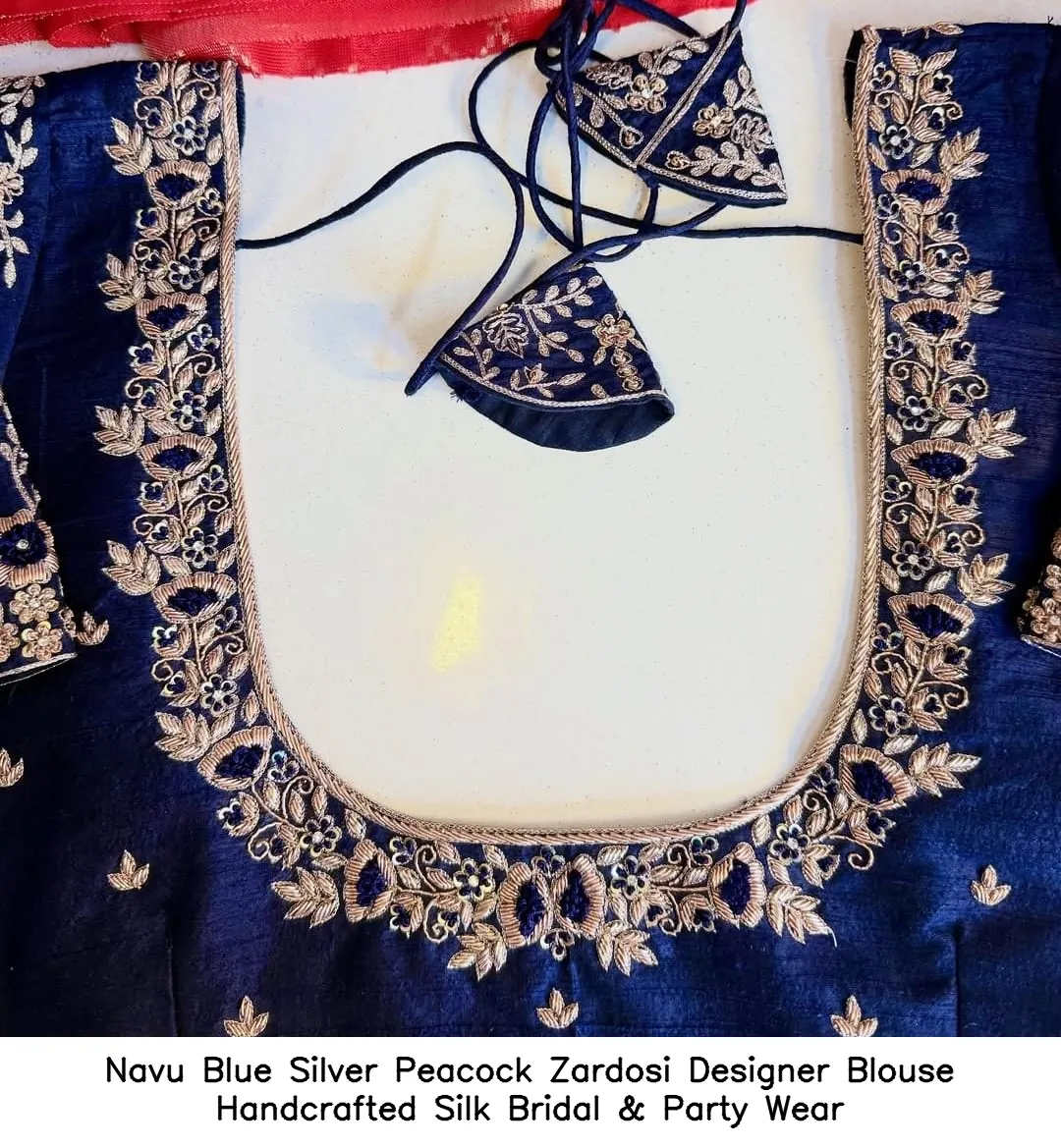 Navu Blue Silver Peacock Zardosi Designer Blouse – Handcrafted Silk Bridal & Party Wear