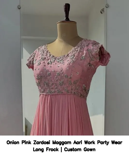 Onion Pink Zardosi Maggam Aari Work Party Wear Long Frock | Custom Gown - Image 2