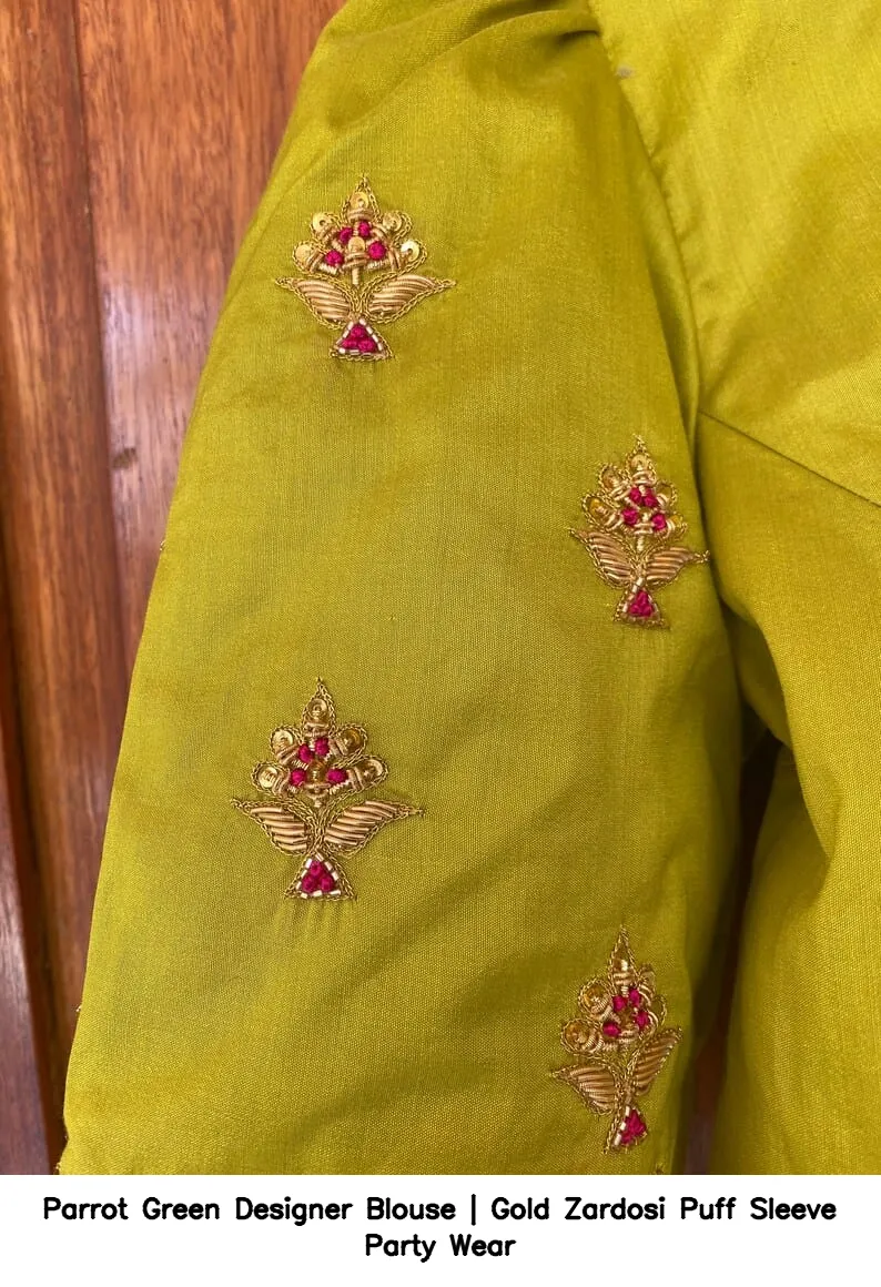 Parrot Green Designer Blouse | Gold Zardosi Puff Sleeve Party Wear