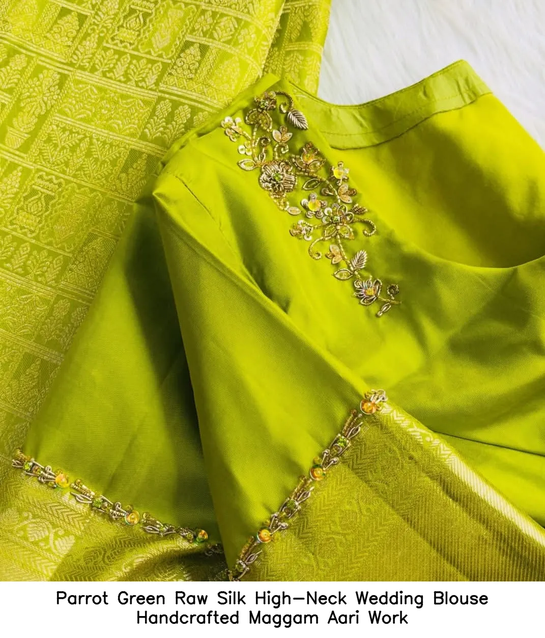 Parrot Green Raw Silk High-Neck Wedding Blouse – Handcrafted Maggam Aari Work