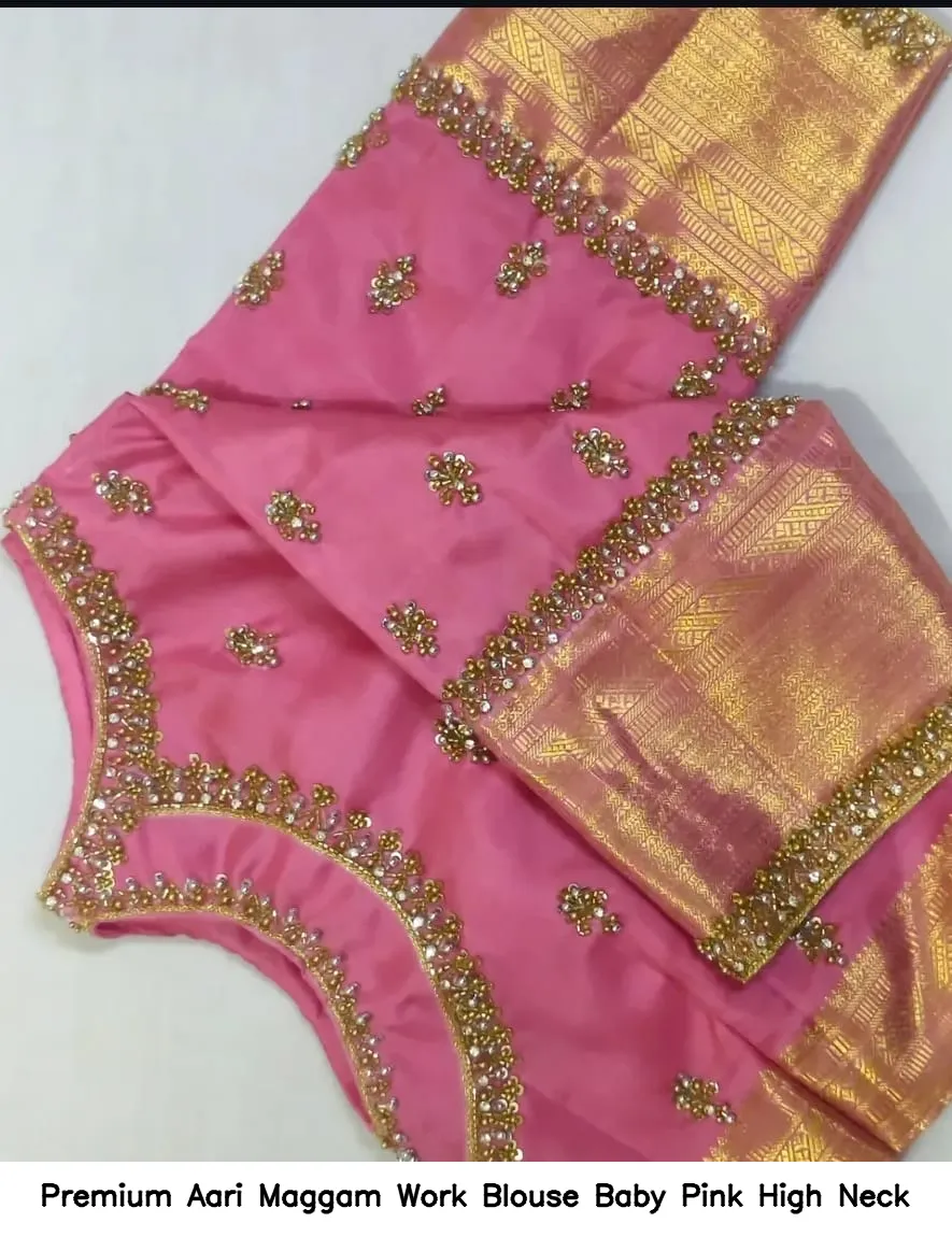 Premium Aari Maggam Work Blouse – Baby Pink High Neck