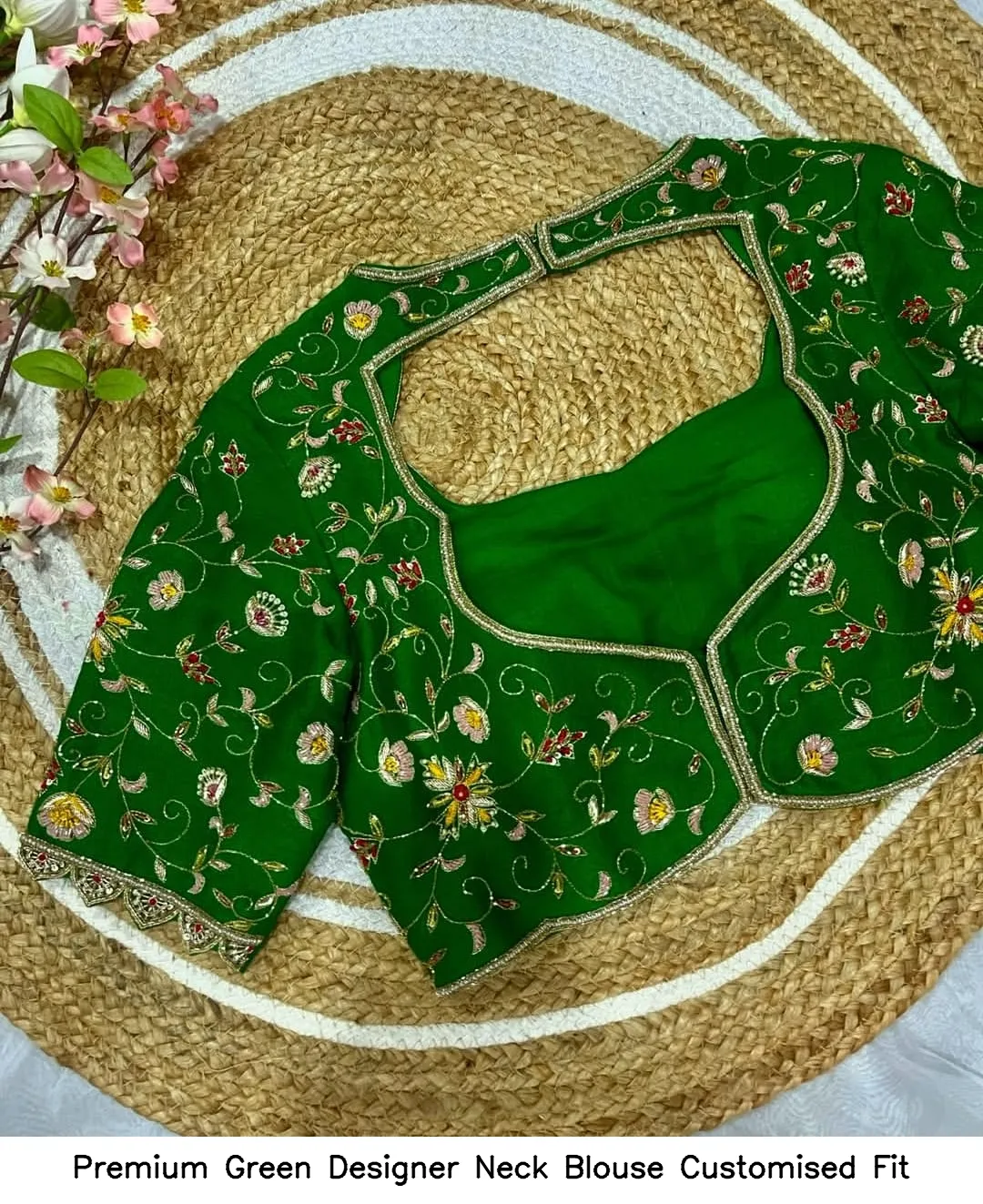 Premium Green Designer Neck Blouse – Customised Fit
