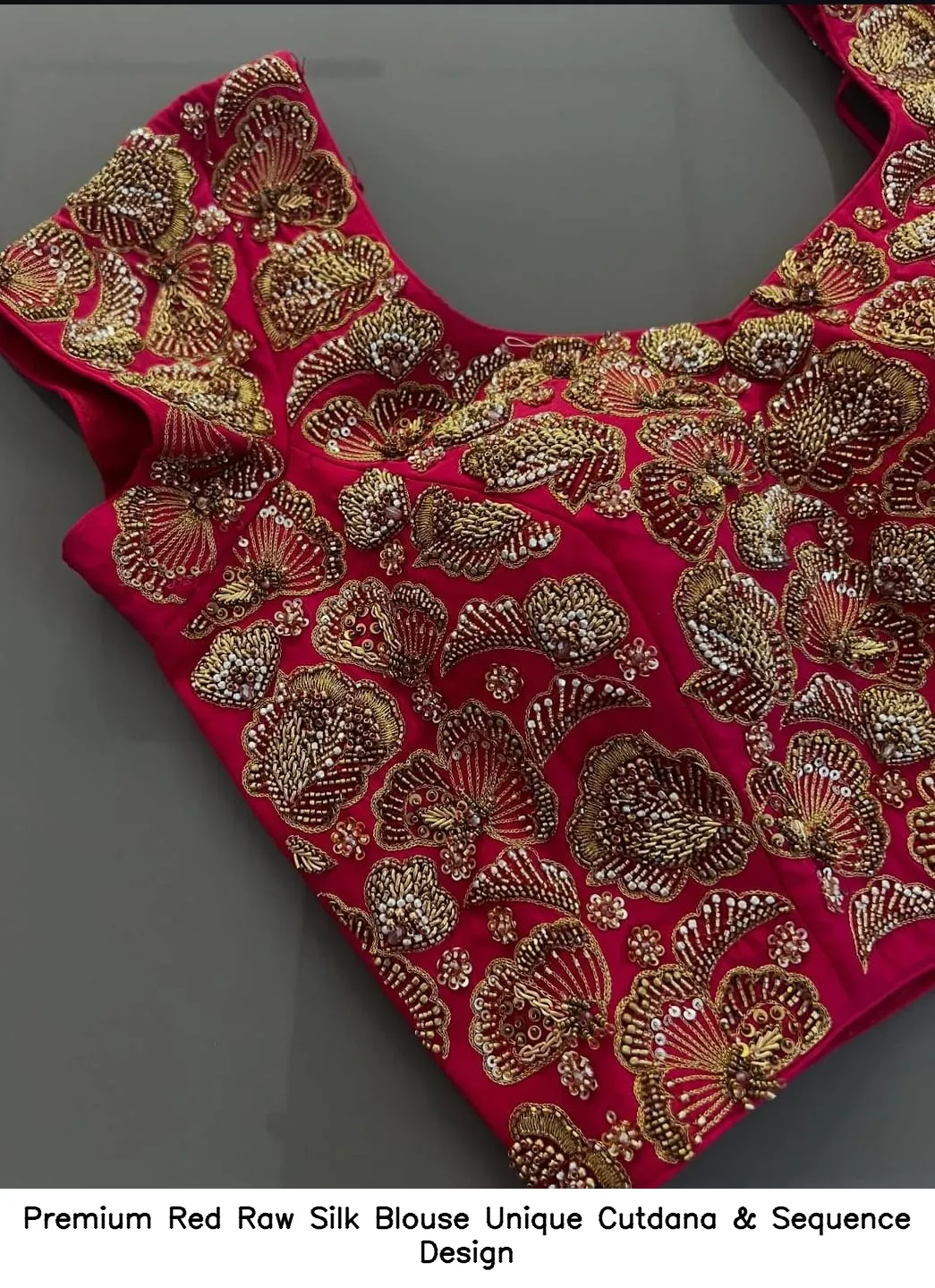 Premium Red Raw Silk Blouse – Unique Cutdana & Sequence Design