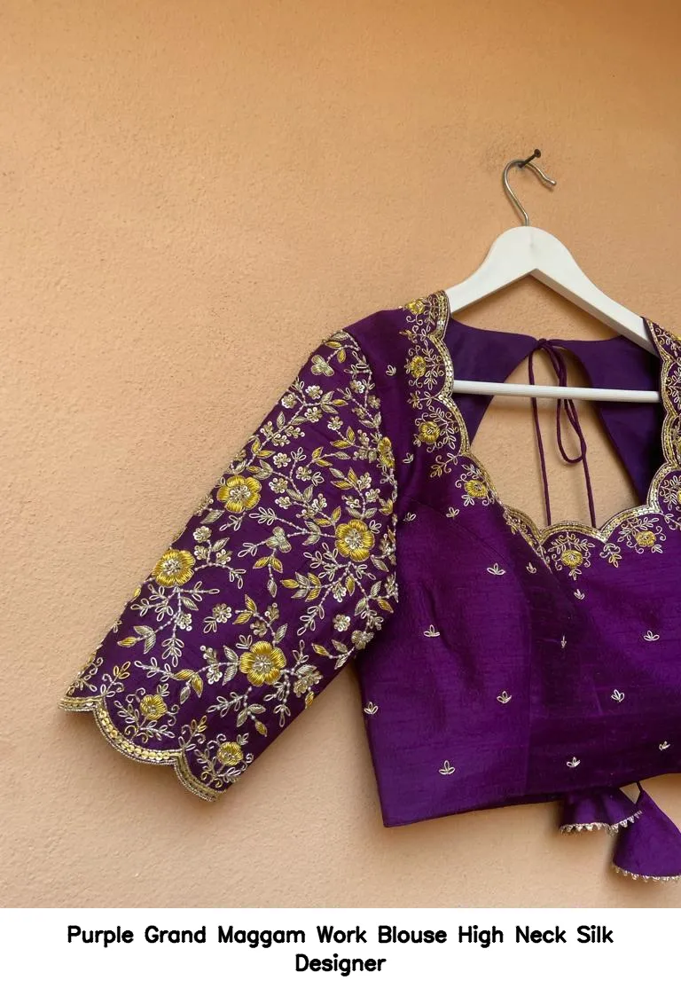 Purple Grand Maggam Work Blouse – High Neck Silk Designer
