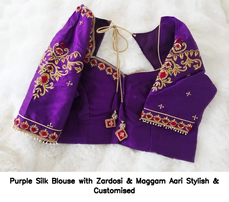 Purple Silk Blouse with Zardosi & Maggam Aari – Stylish & Customised