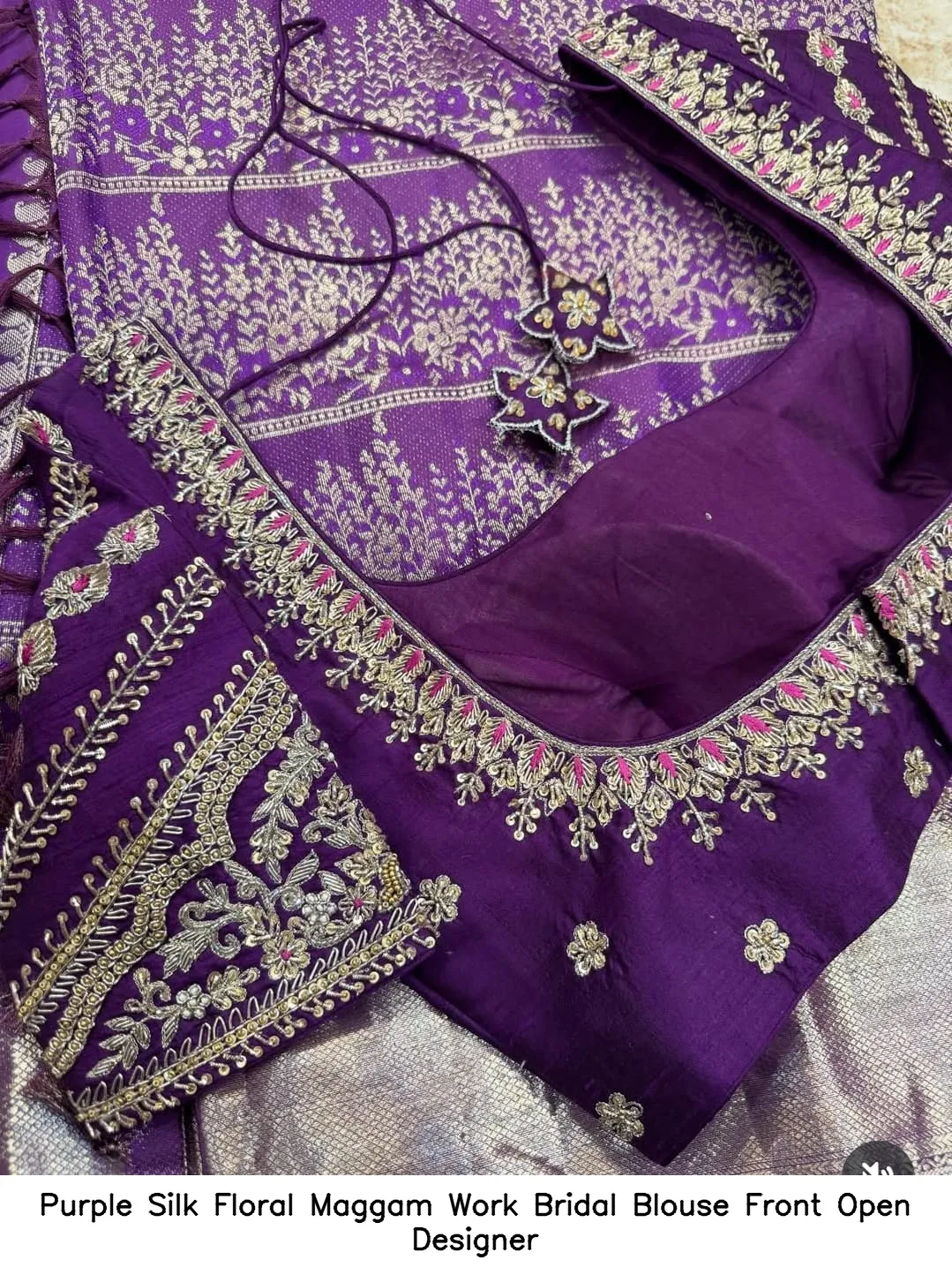 Purple Silk Floral Maggam Work Bridal Blouse – Front Open Designer