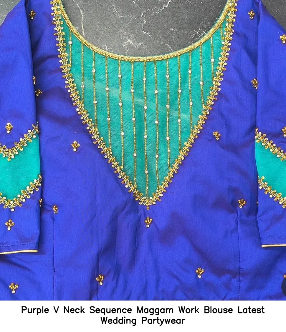 Purple V Neck Sequence Maggam Work Blouse – Latest Wedding Partywear