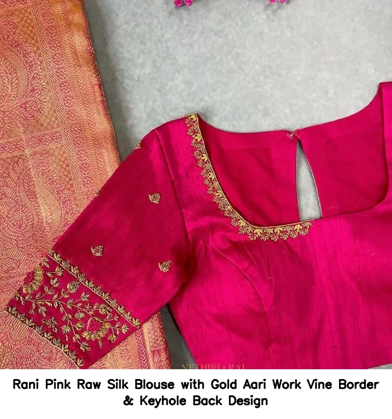 Rani Pink Raw Silk Blouse with Gold Aari Work Vine Border & Keyhole Back Design
