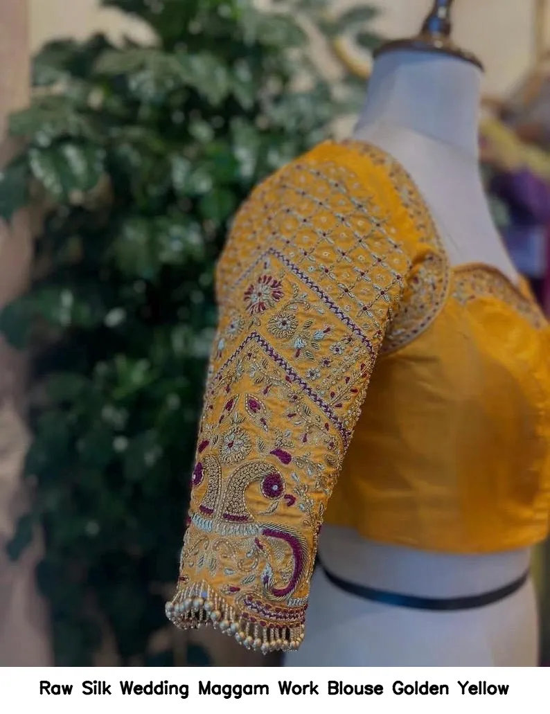 Raw Silk Wedding Maggam Work Blouse – Golden Yellow