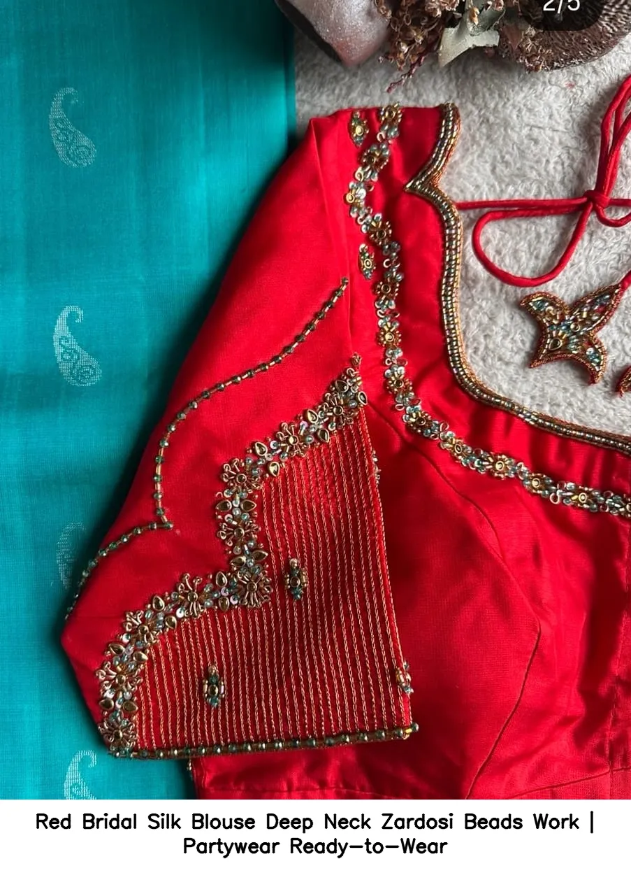 Red Bridal Silk Blouse – Deep Neck Zardosi Beads Work | Partywear Ready-to-Wear