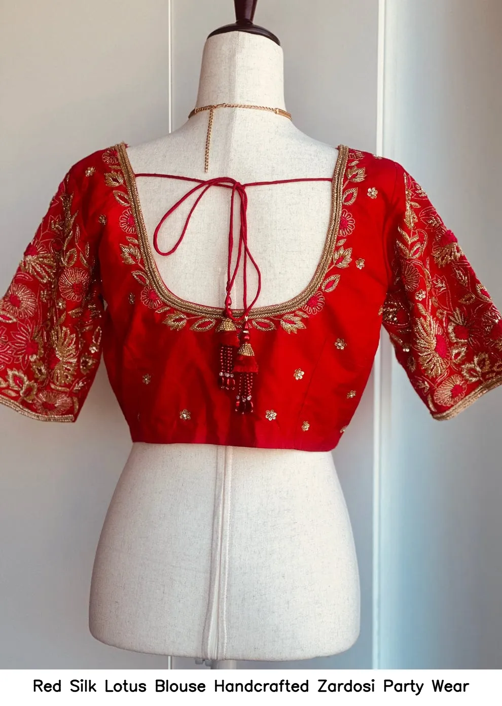 Red Silk Lotus Blouse – Handcrafted Zardosi Party Wear
