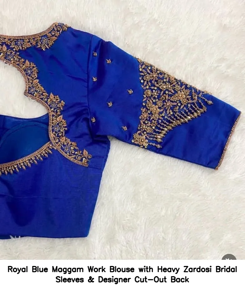 Royal Blue Maggam Work Blouse with Heavy Zardosi Bridal Sleeves & Designer Cut-Out Back