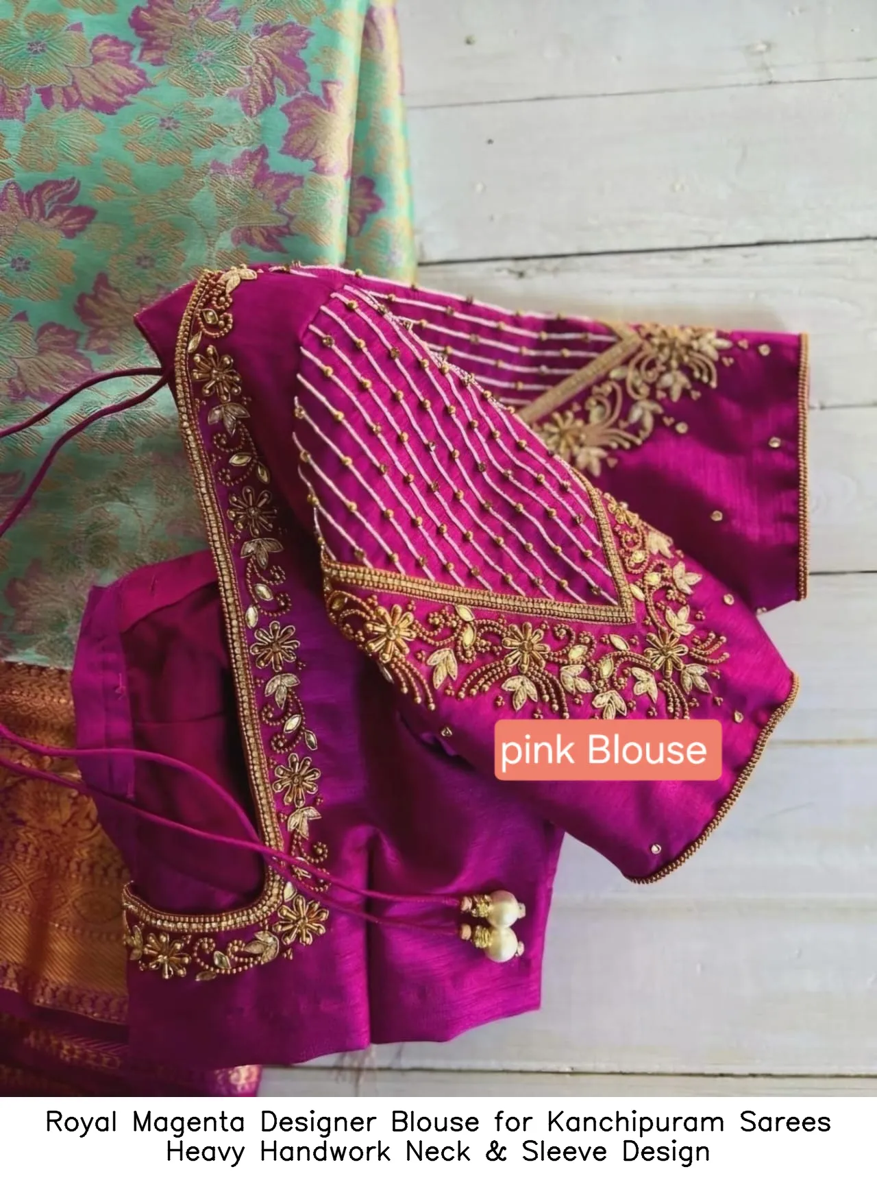 Royal Magenta Designer Blouse for Kanchipuram Sarees – Heavy Handwork Neck & Sleeve Design