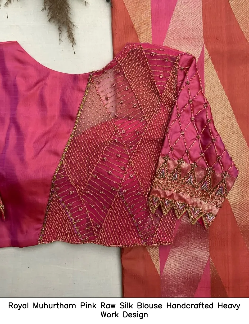 Royal Muhurtham Pink Raw Silk Blouse – Handcrafted Heavy Work Design